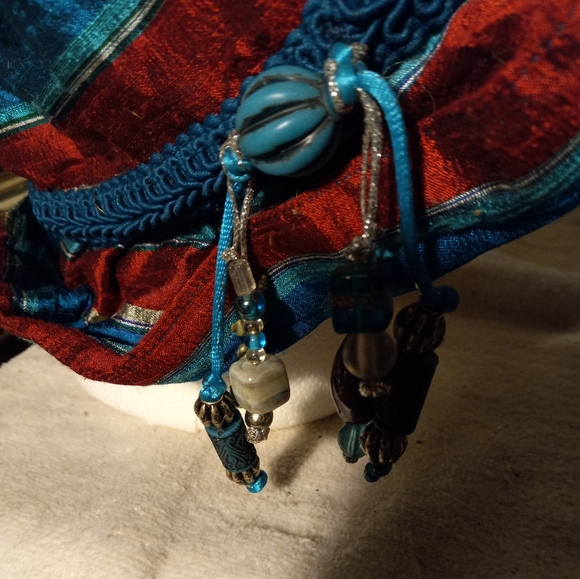 Not new, never worn  stripped silk dupponi teal&red floop hat with trim& beads. - Picture 2 of 2